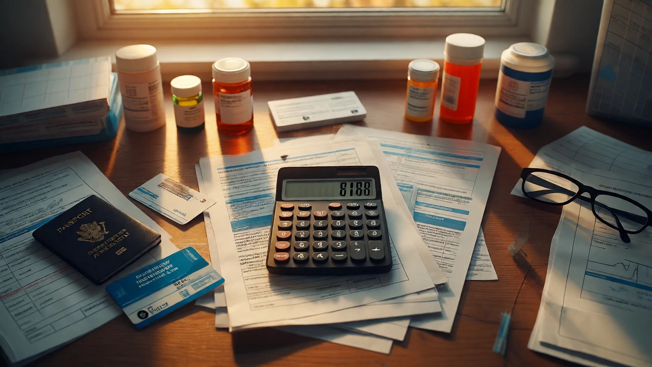 Desk cluttered with UK healthcare bills, prescriptions, and insurance cards.