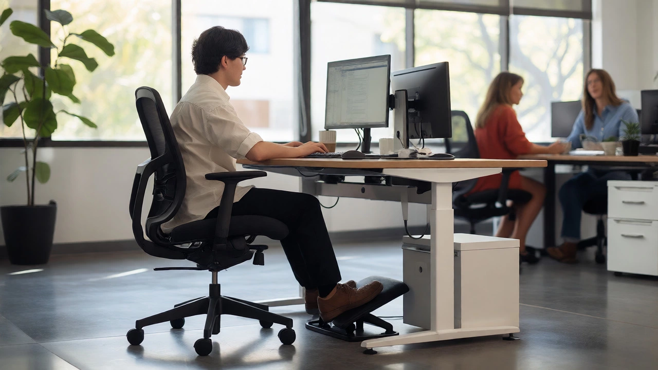 Employee using ergonomic desk setup in a bright office