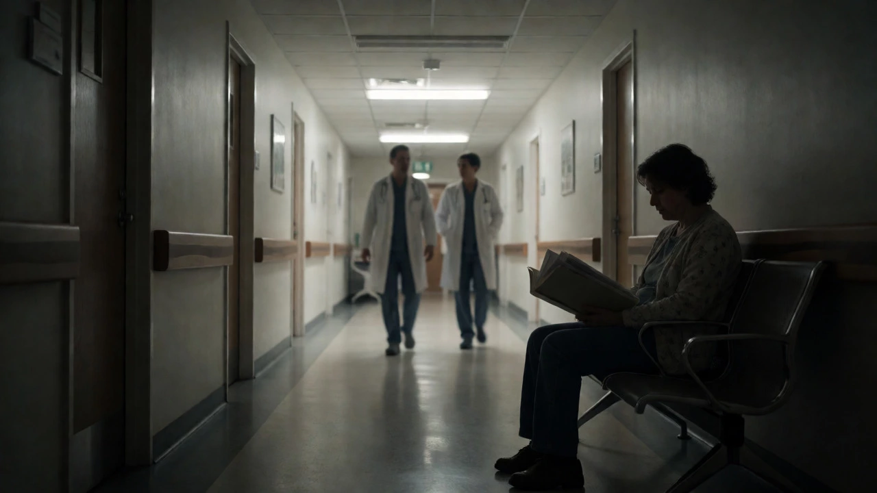 Exhausted patient reviewing medical bills in a quiet hospital corridor at night.