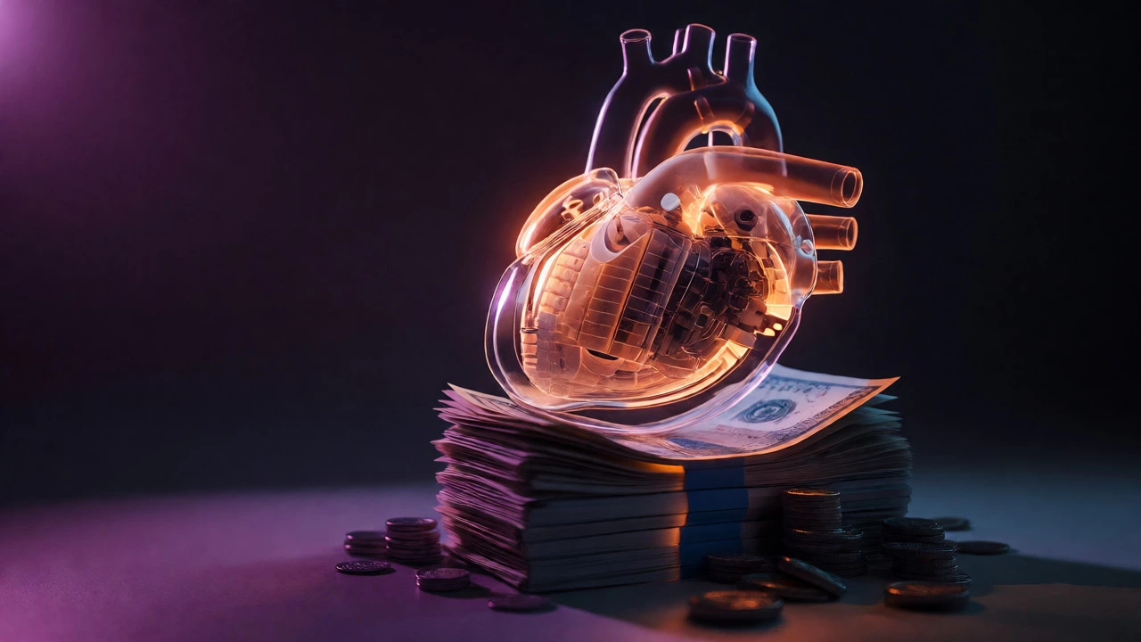 Glowing artificial heart resting on money, symbolizing high medical costs.
