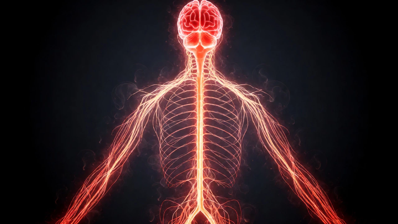 Glowing neural network visualization depicting central sensitization and nerve pain