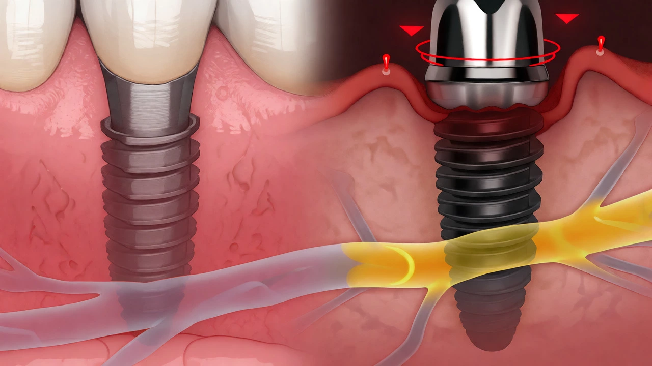Illustration comparing healthy implant vs peri-implantitis risks