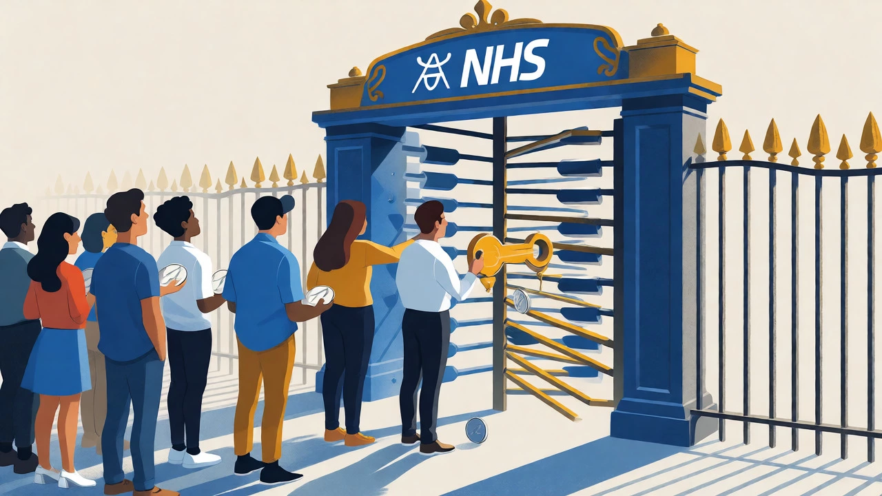 Illustration showing visa holders accessing NHS care via paid surcharge.