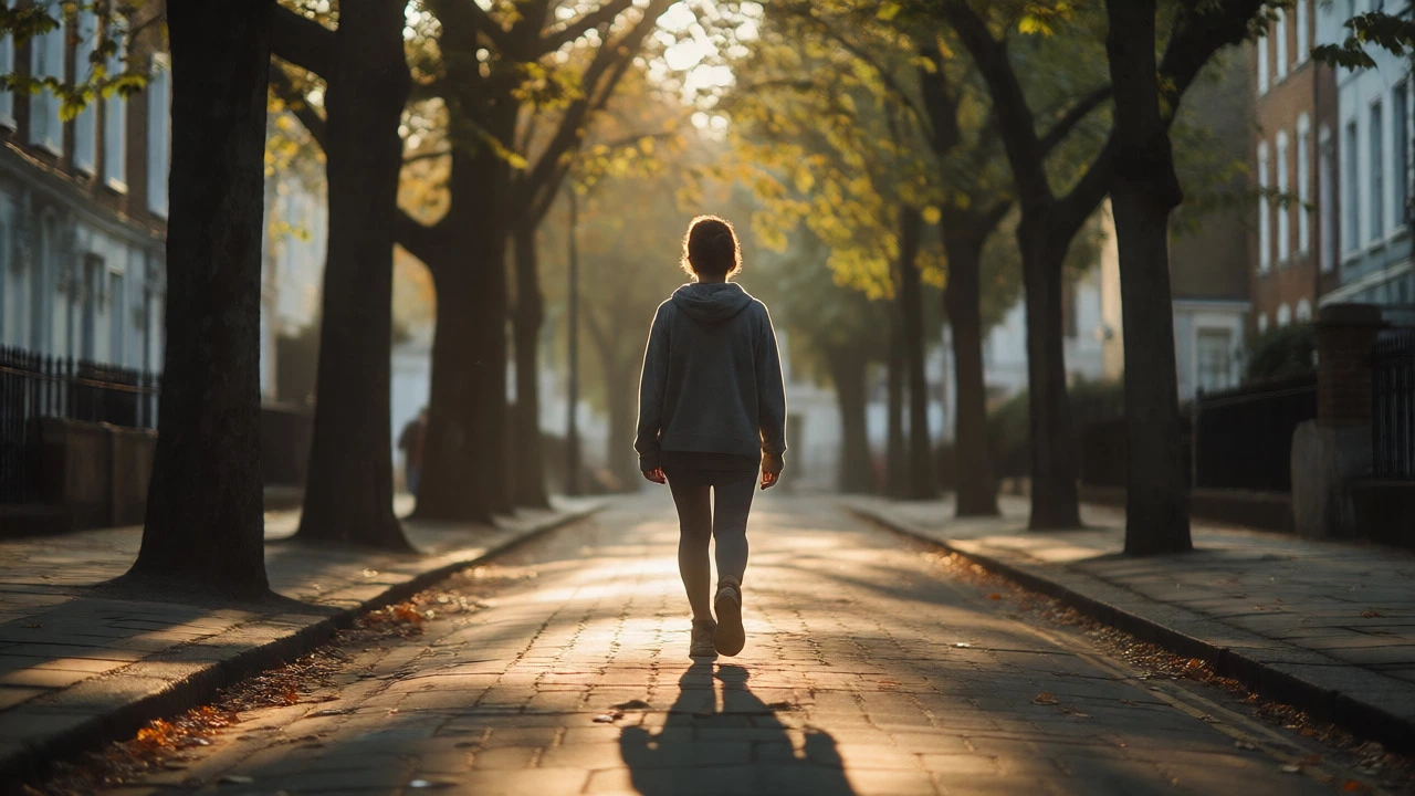 Individual taking a slow, calming walk in a sunlit urban park