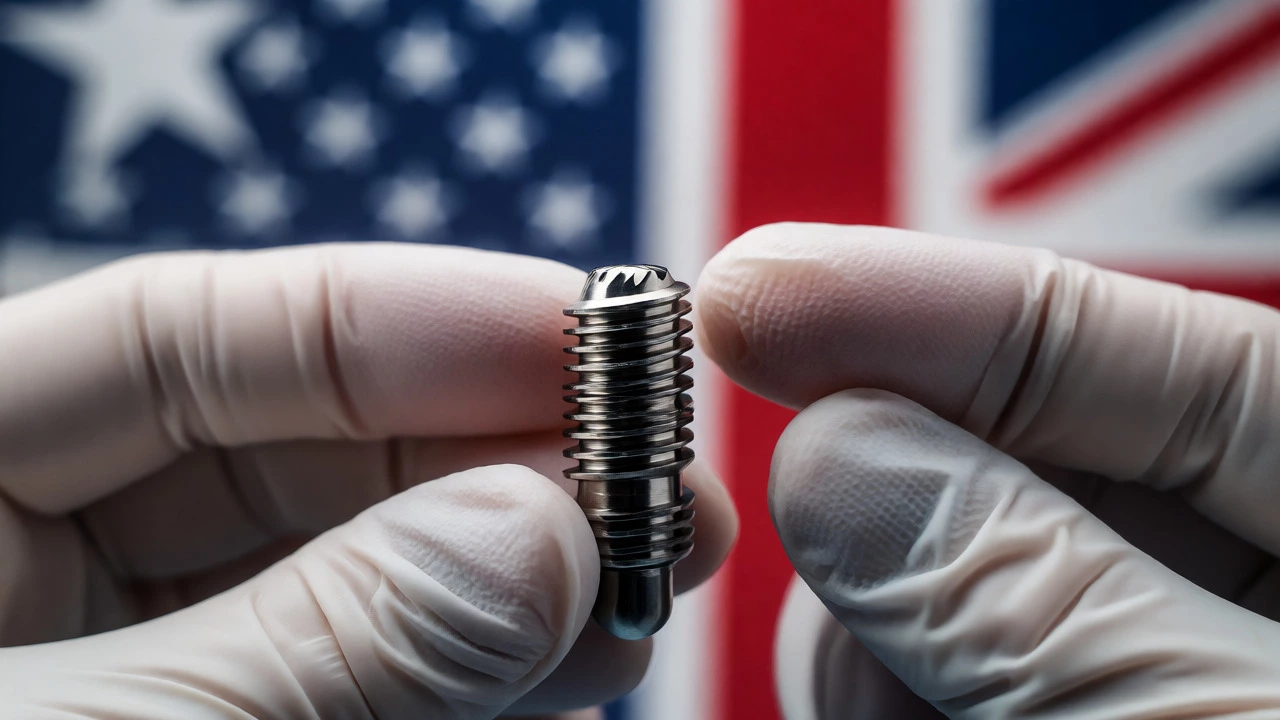 Macro shot of a titanium dental implant held by gloved hands in a clinical setting.