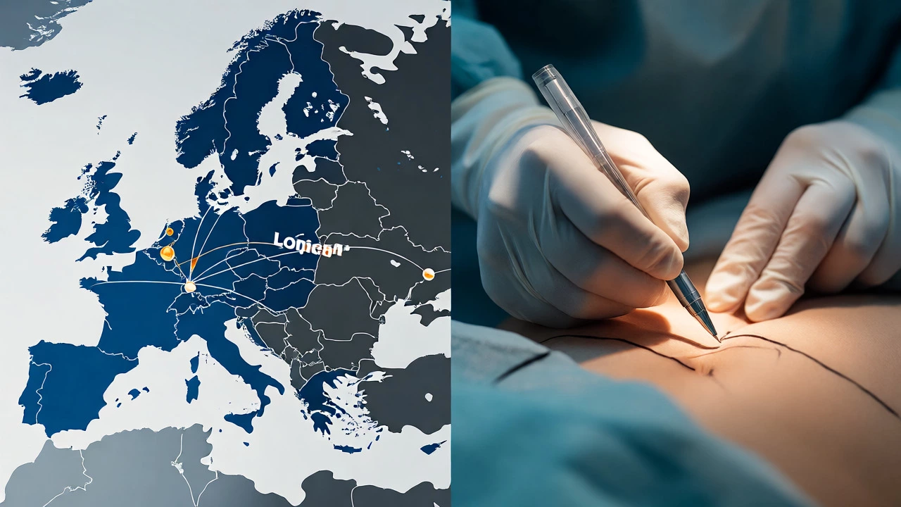 Map of travel routes next to surgical marking