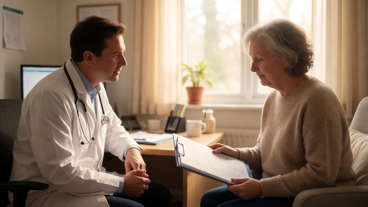 Patient discussing options calmly with a supportive GP in a warm, natural-light office.