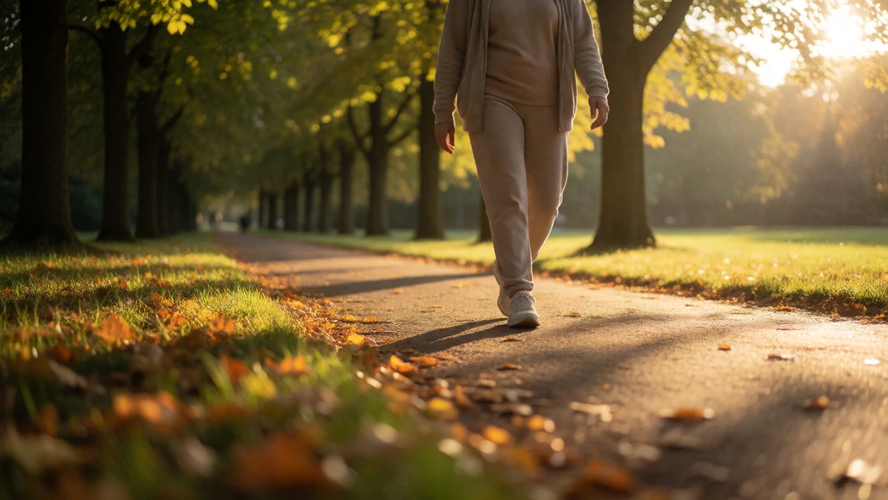 Person walking gently on a sunlit park path practicing graded exercise