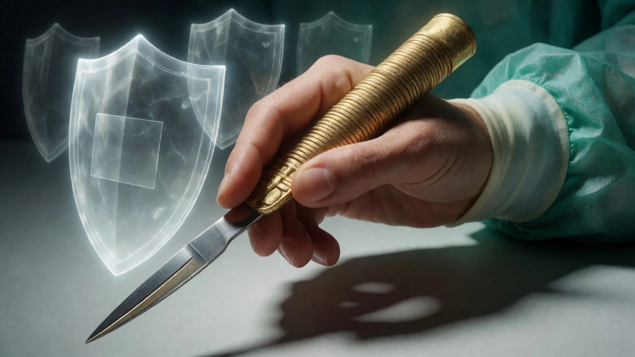 Surgeon's hand holding a scalpel with a coin handle, symbolizing financial incentives in medicine.