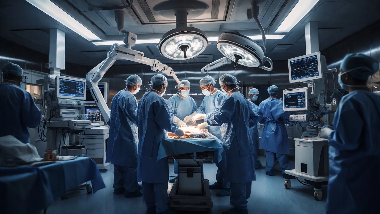Surgeons performing a complex transplant in a high-tech operating room.
