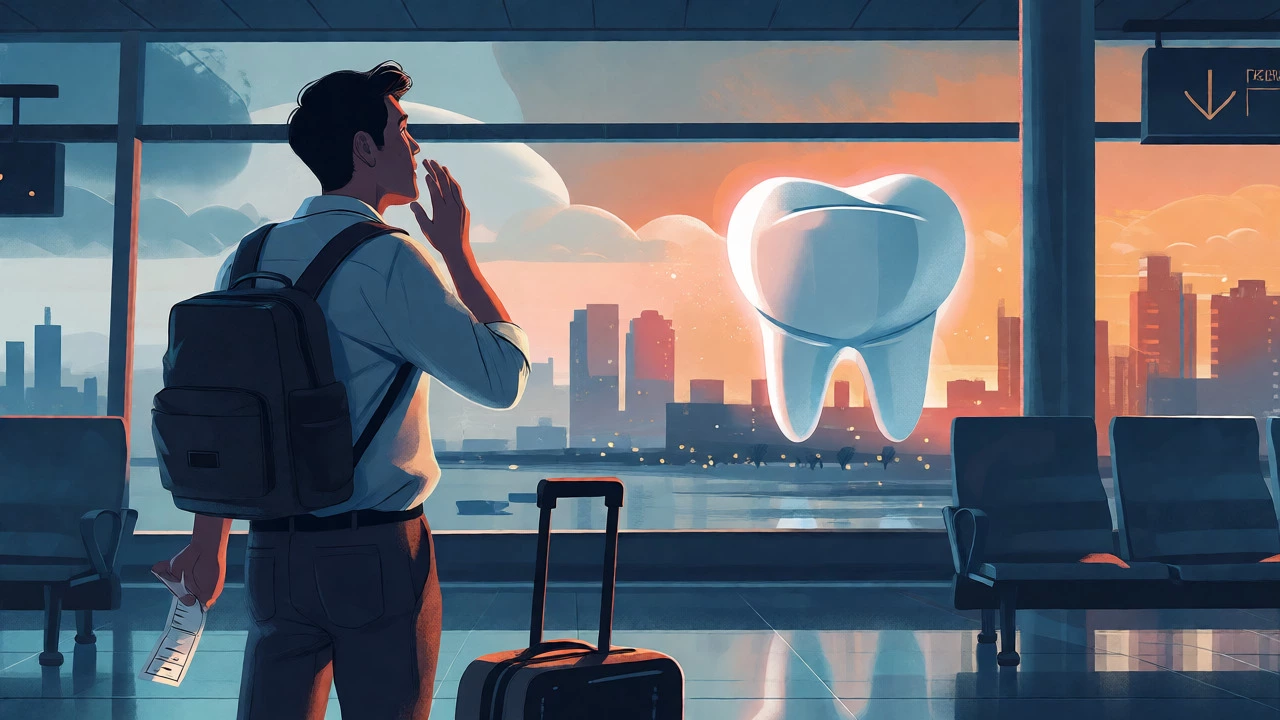 Traveler at an airport looking back at a distant city, symbolizing dental tourism risks.
