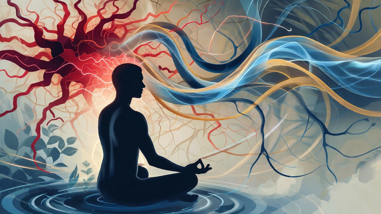 Abstract illustration of neural pathways calming during meditation