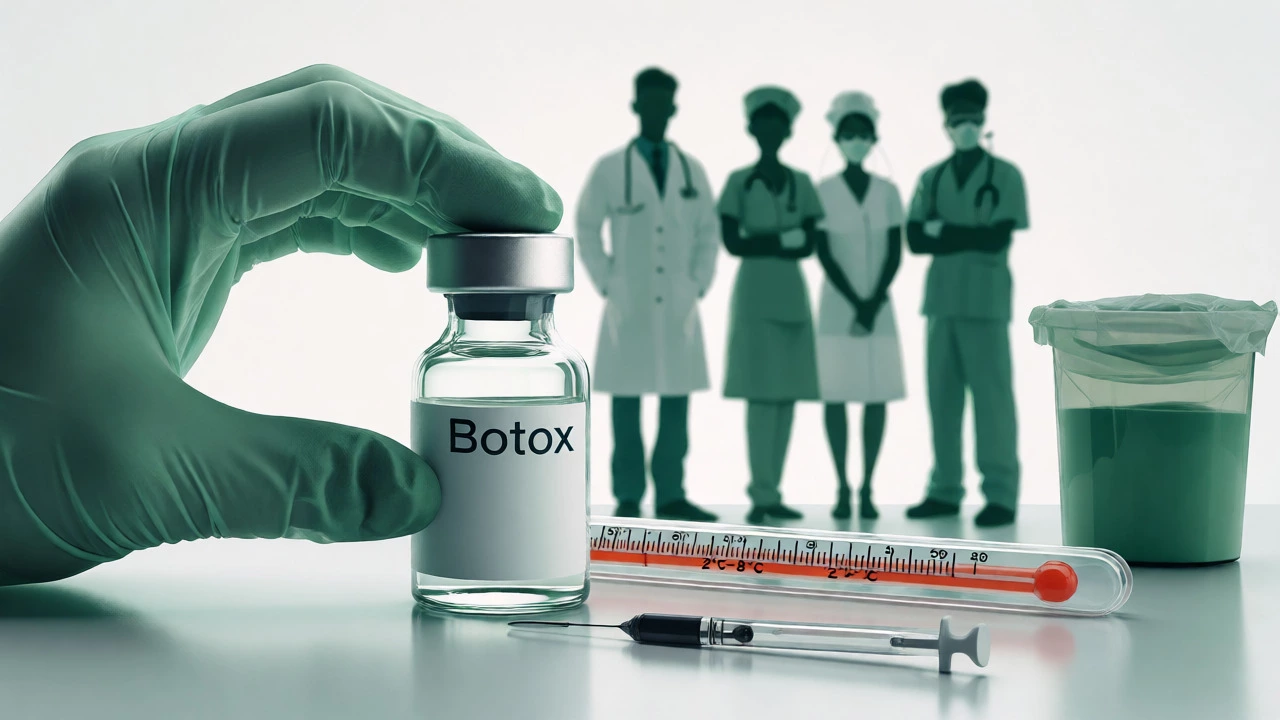Close-up of Botox vial, thermometer, and medical tools highlighting safety standards.
