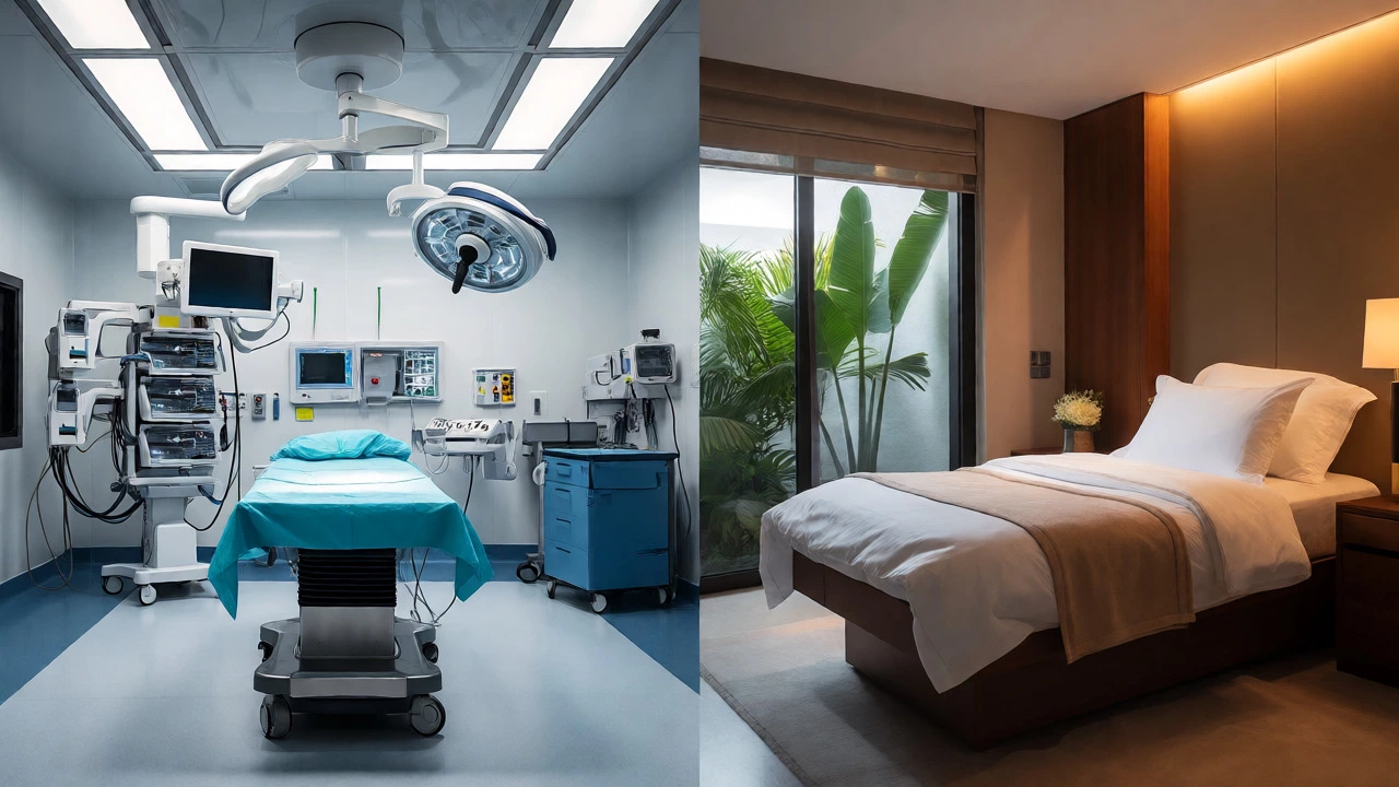 Comparison of high-tech US surgery room and luxury Thai recovery suite