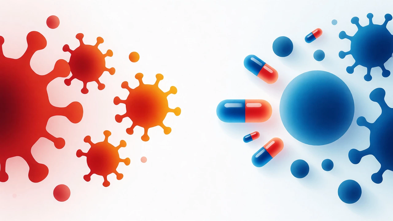 Conceptual graphic showing antibiotics targeting bacteria vs viruses
