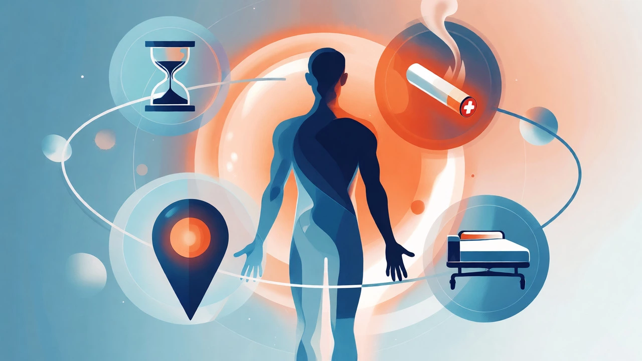 Conceptual illustration showing age, location, and lifestyle factors affecting insurance risks.