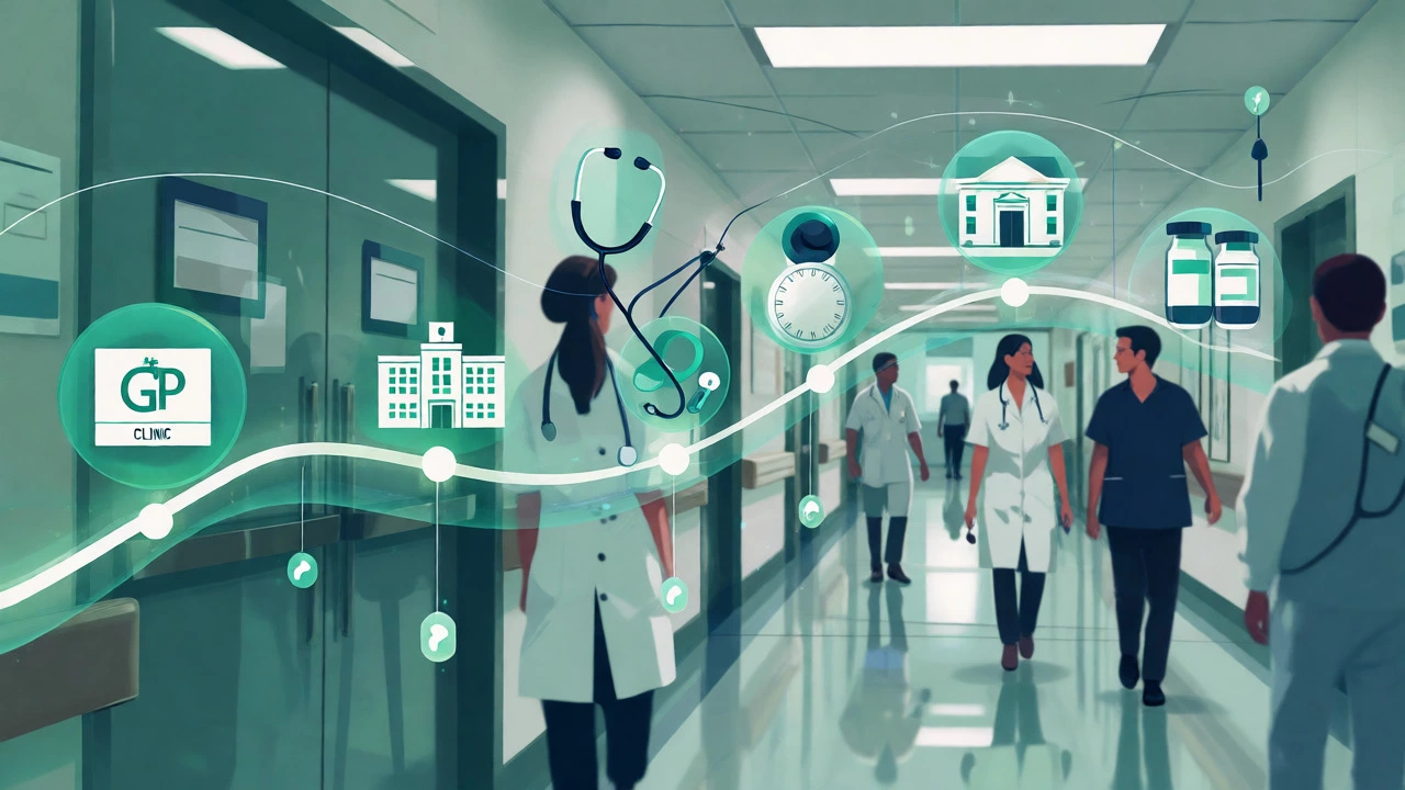 Conceptual visualization of the NHS urgent cancer referral pathway steps.