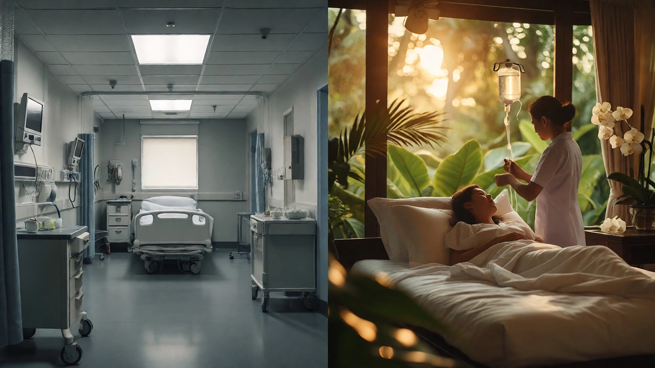 Contrast between UK hospital ward and luxury Thai hotel recovery