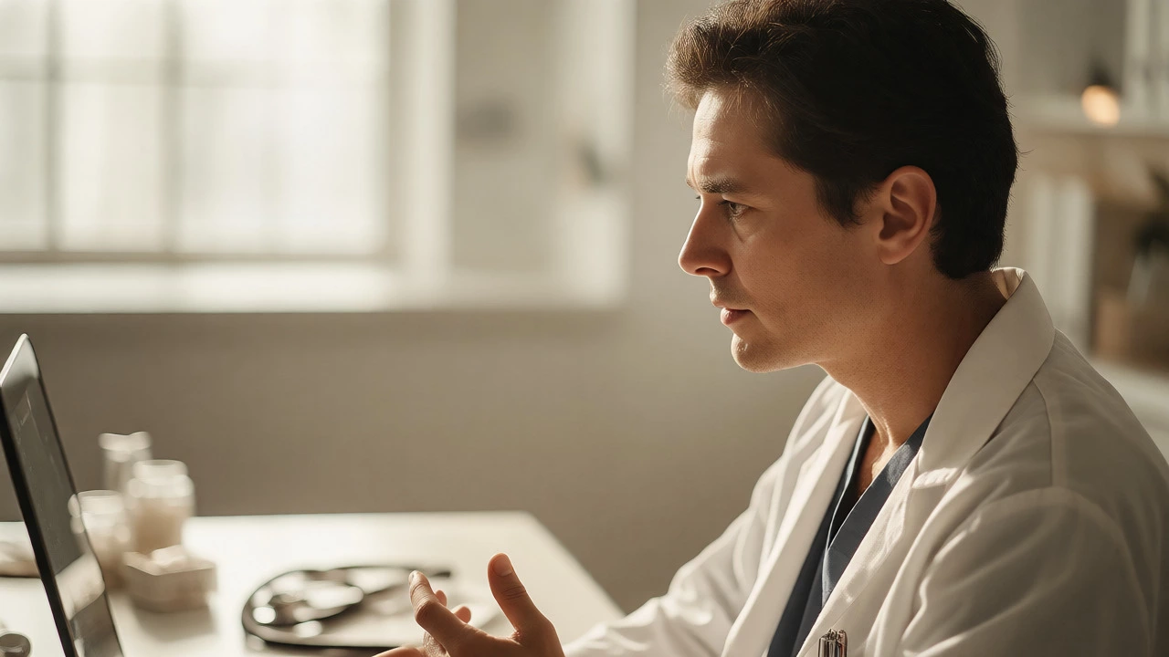 Doctor conducting a remote video consultation in a bright office