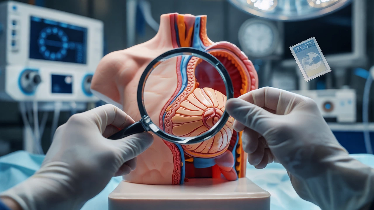 Hands examining breast anatomy model in European operating theater
