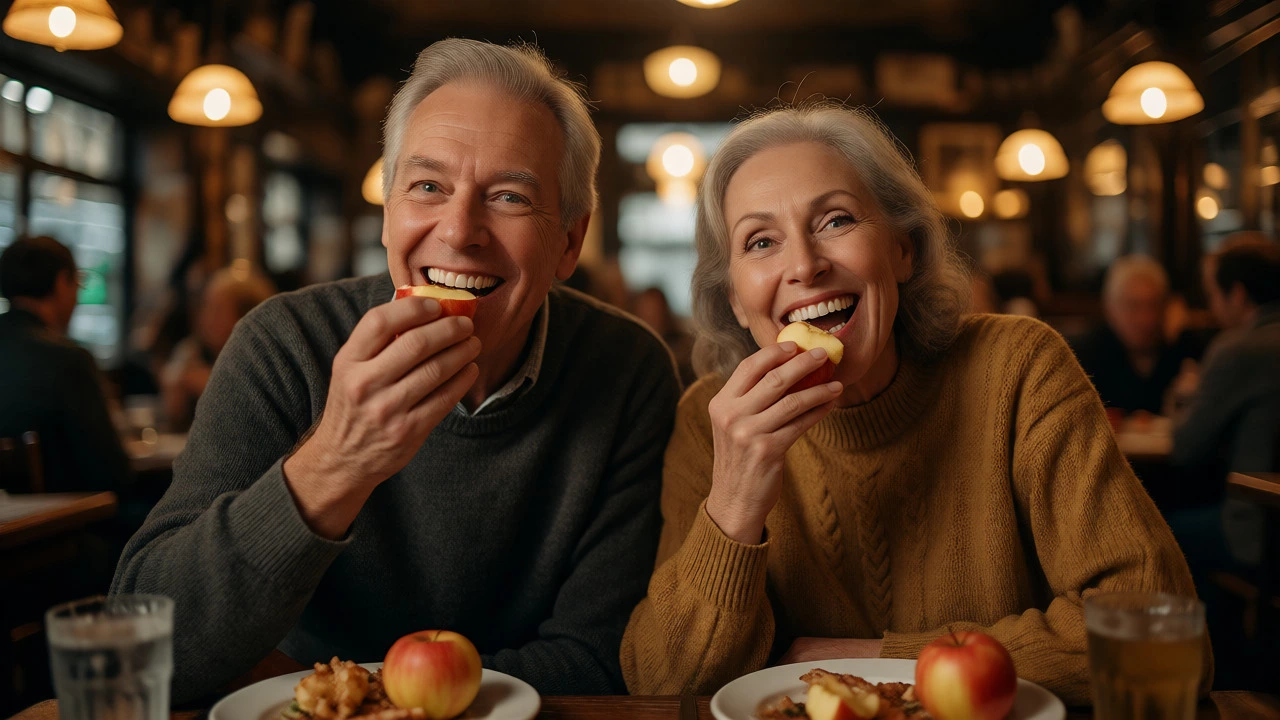Happy couple eating apples with new dental implants
