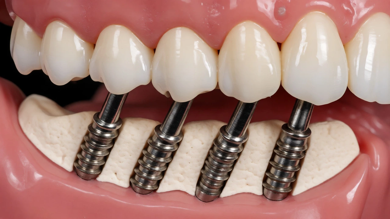 Macro view of All-on-4 dental implants in jawbone