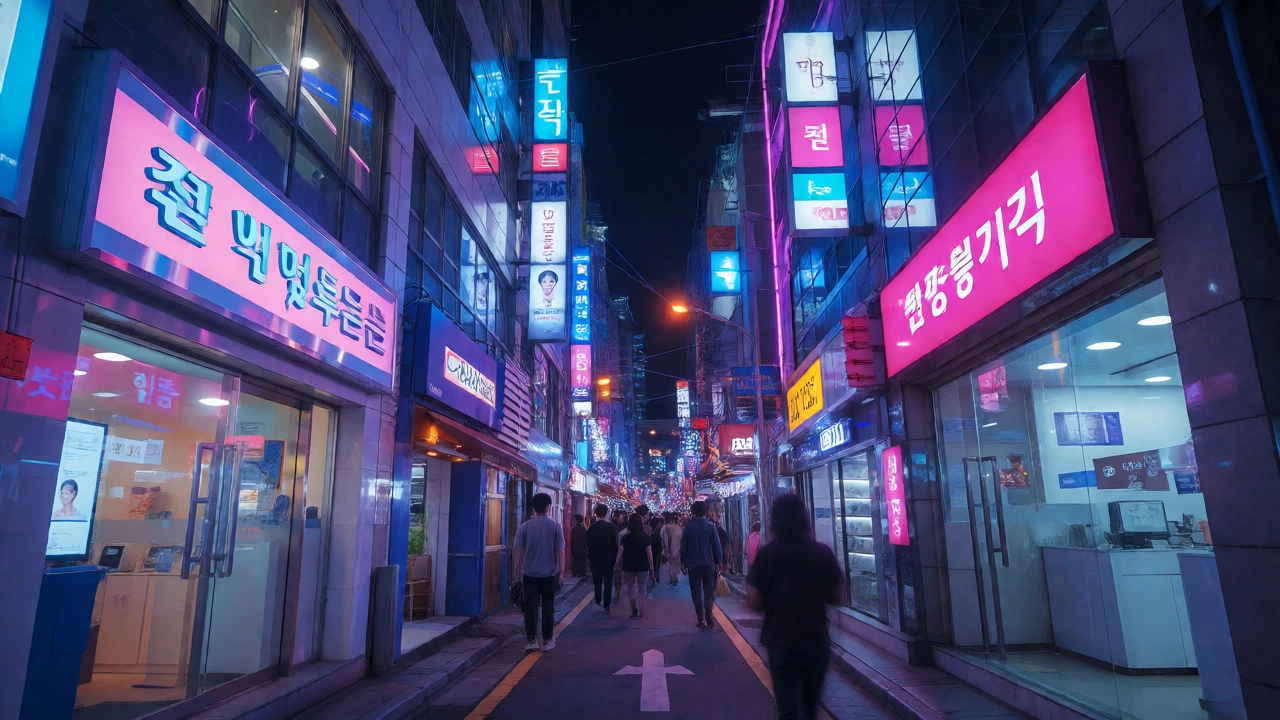 Neon-lit street in Seoul filled with plastic surgery clinics
