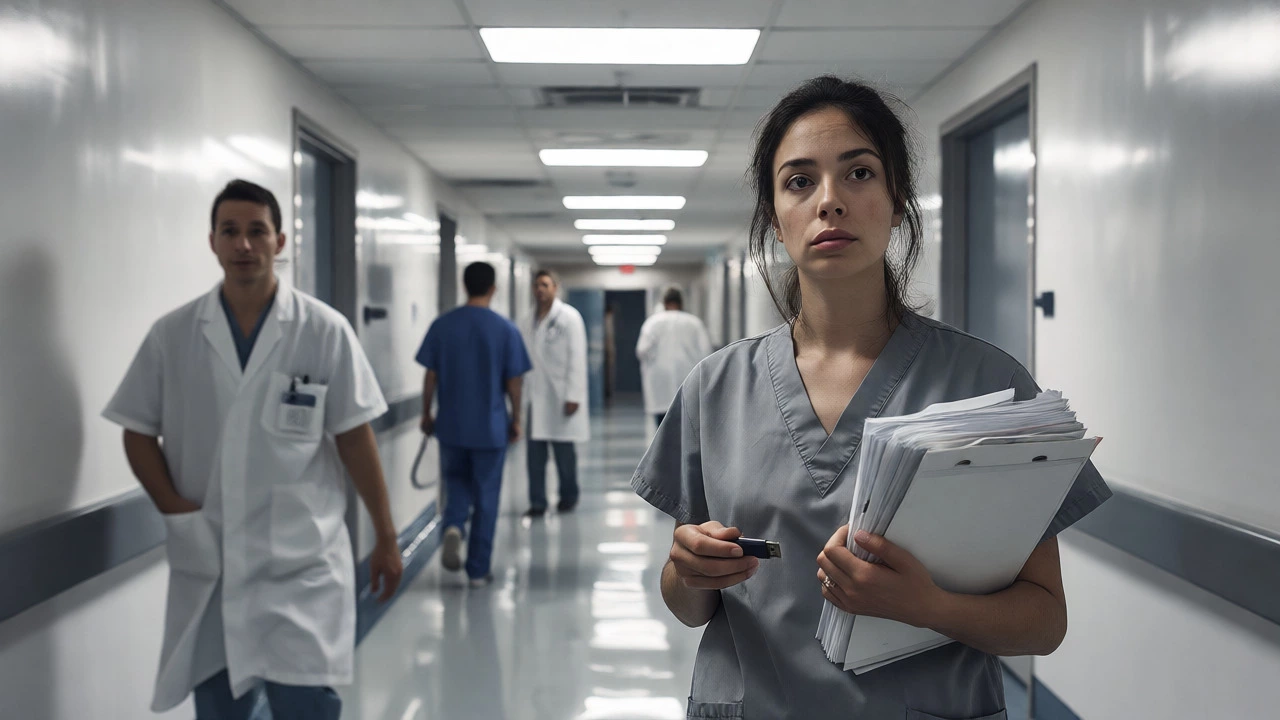 Overwhelmed nurse navigating a fragmented healthcare system with disconnected records.