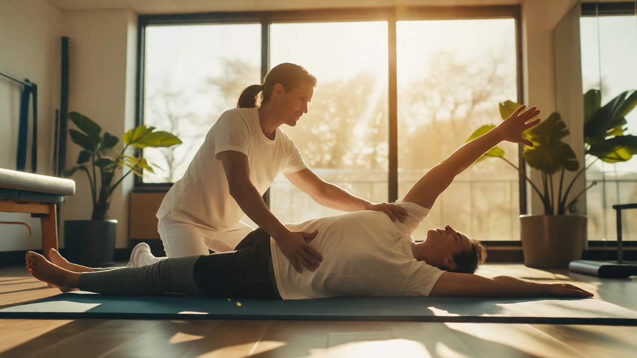 Patient doing guided physical therapy exercises in a bright room