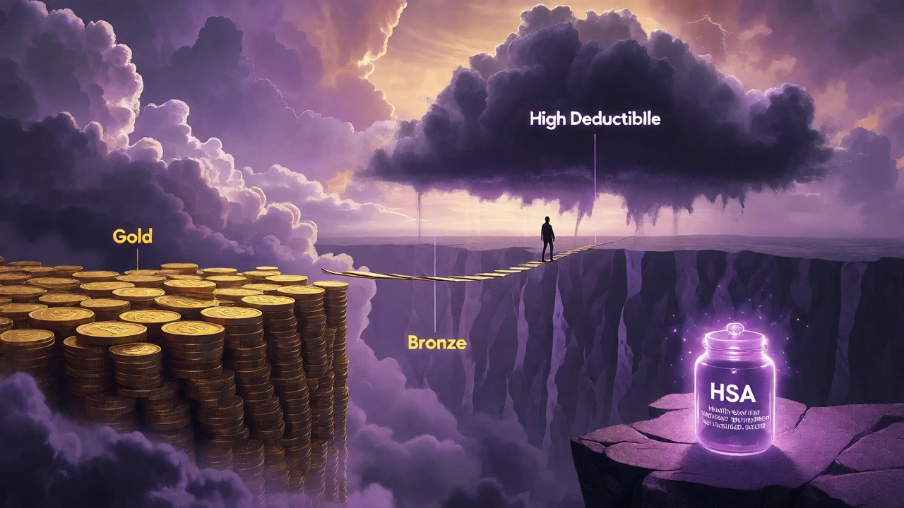 Person balancing on tightrope over deductible gap with HSA safety net