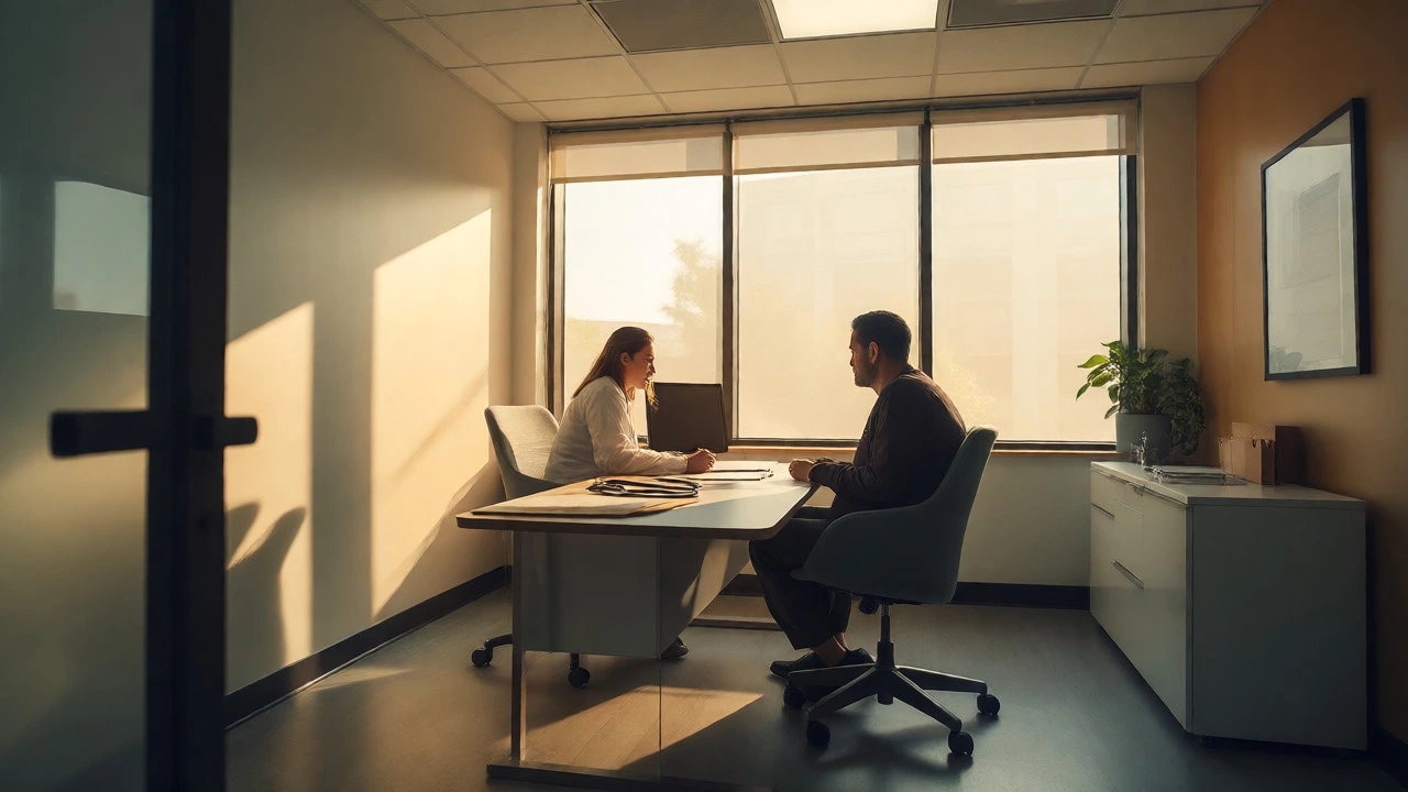 Practitioner and client consulting in a bright, professional clinic office.