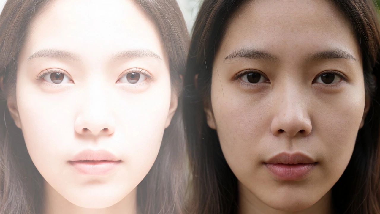 Split image comparing filtered Instagram face to natural reality