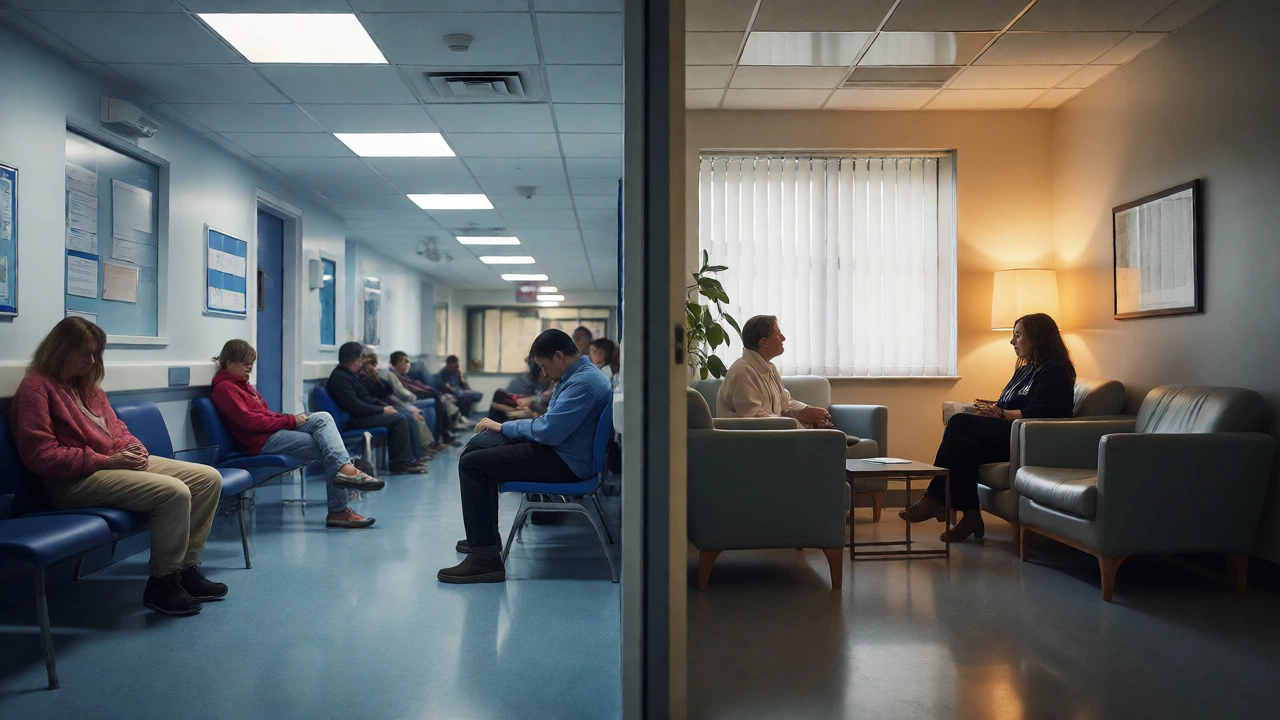 Split view comparing a crowded public waiting room with a calm private medical consultation.