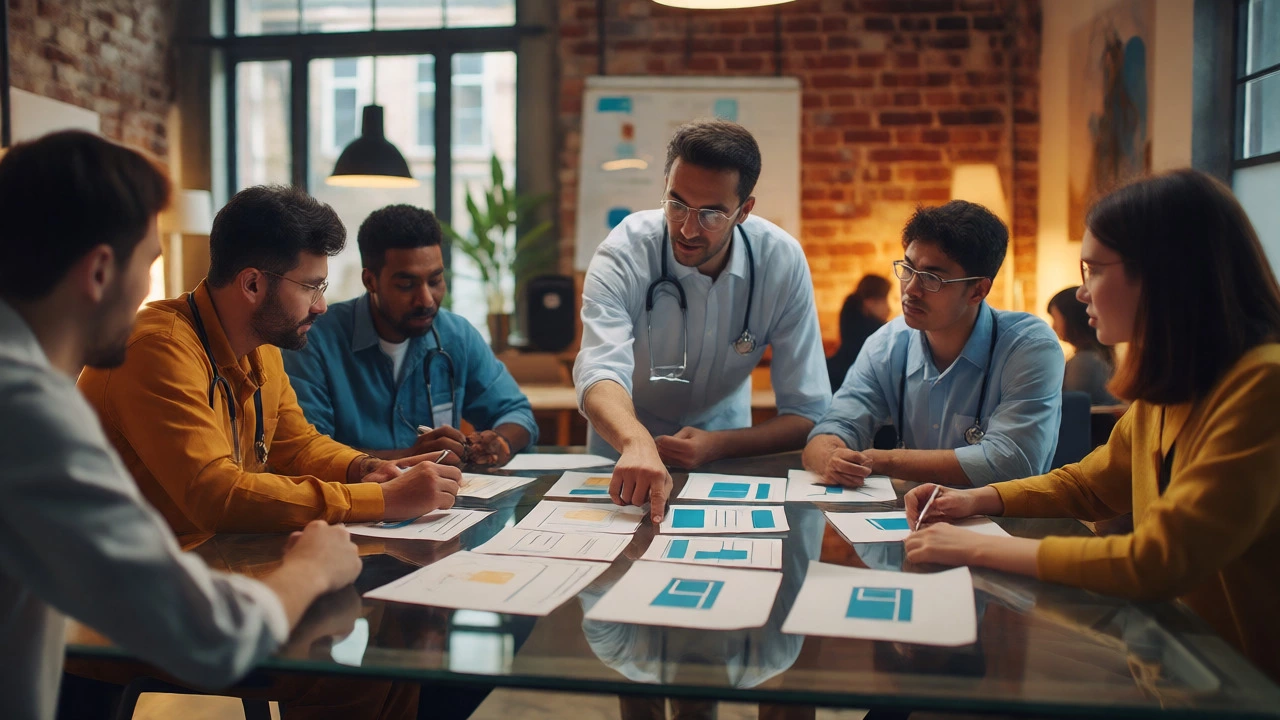 Team of developers and doctors collaborating over wireframes in a modern startup office.